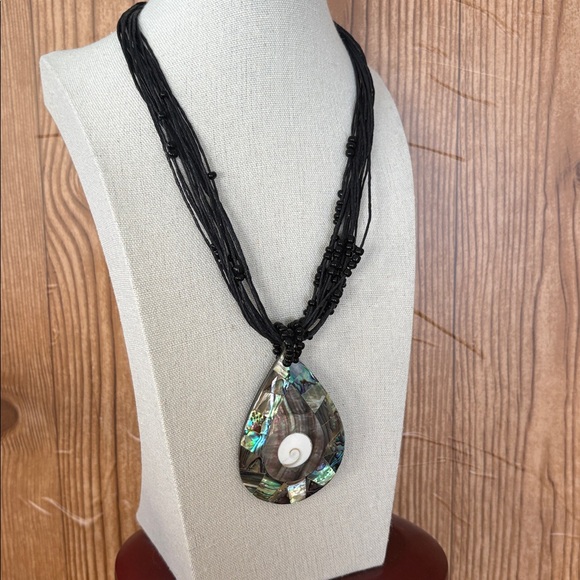 Sajen Jewelry - Sajen Abalone Shell Teardrop Statement Pendant Beaded Cord Necklace 18"
